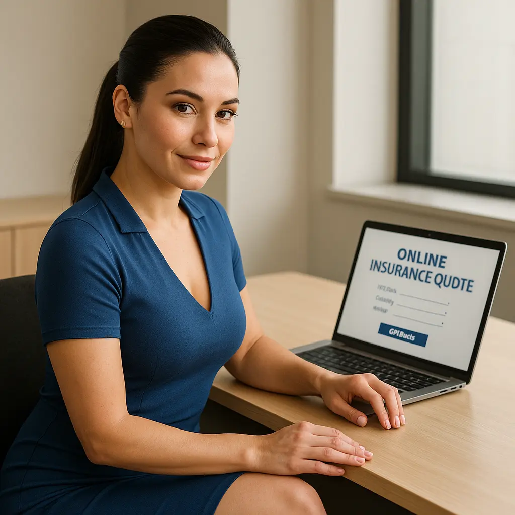 Mulher de cabelo preso em rabo de cavalo, usando vestido azul justo, sentada em escritório com laptop mostrando tela de cotação de seguro online